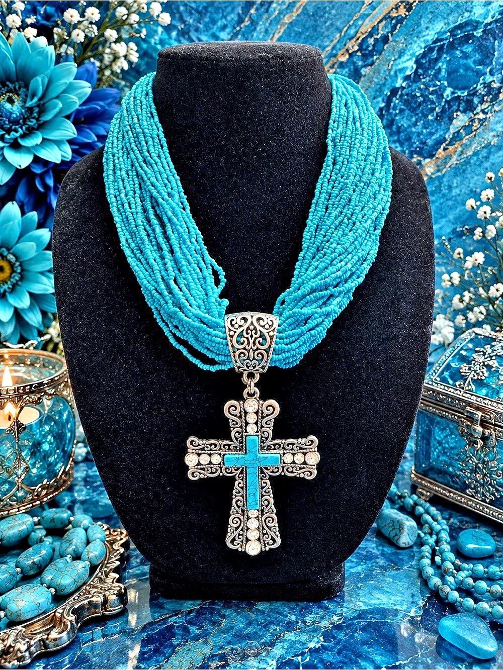 Turquoise Beaded Cross Pendant Necklace
